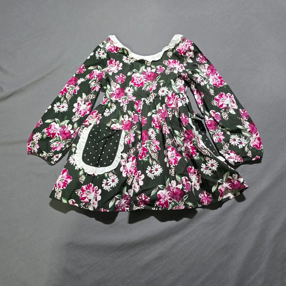SweetHoney Floral Dress Girls 5Y Green Pink Lace Eyelet Long Sleeve Sash Tie